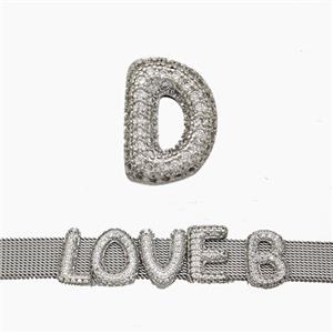 Copper Watchband Beads Pave Zirconia Letter-D Flat Hole Platinum Plated, approx 10-14mm, 2-10mm hole [FN50357]