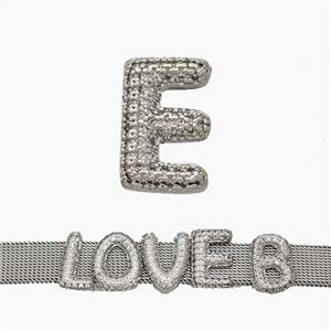 Copper Watchband Beads Pave Zirconia Letter-E Flat Hole Platinum Plated, approx 10-14mm, 2-10mm hole [FN50358]
