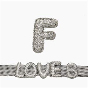 Copper Watchband Beads Pave Zirconia Letter-F Flat Hole Platinum Plated, approx 10-14mm, 2-10mm hole [FN50359]