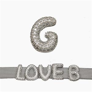 Copper Watchband Beads Pave Zirconia Letter-G Flat Hole Platinum Plated, approx 10-14mm, 2-10mm hole [FN50360]