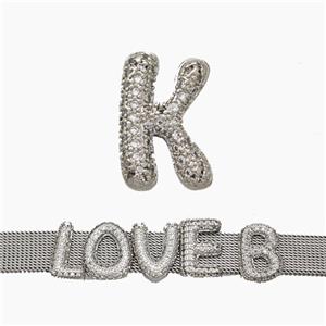 Copper Watchband Beads Pave Zirconia Letter-K Flat Hole Platinum Plated, approx 10-14mm, 2-10mm hole [FN50364]