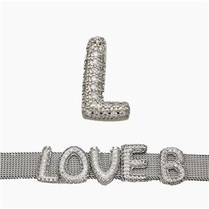 Copper Watchband Beads Pave Zirconia Letter-L Flat Hole Platinum Plated, approx 10-14mm, 2-10mm hole [FN50365]