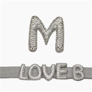 Copper Watchband Beads Pave Zirconia Letter-M Flat Hole Platinum Plated, approx 10-14mm, 2-10mm hole [FN50366]