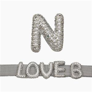 Copper Watchband Beads Pave Zirconia Letter-N Flat Hole Platinum Plated, approx 10-14mm, 2-10mm hole [FN50367]