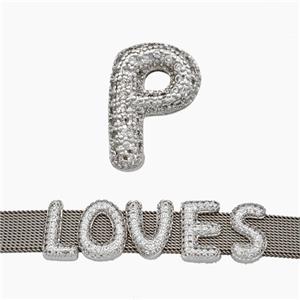 Copper Watchband Beads Pave Zirconia Letter-P Flat Hole Platinum Plated, approx 10-14mm, 2-10mm hole [FN50369]