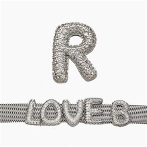Copper Watchband Beads Pave Zirconia Letter-R Flat Hole Platinum Plated, approx 10-14mm, 2-10mm hole [FN50371]