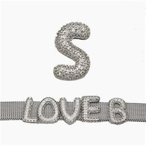 Copper Watchband Beads Pave Zirconia Letter-S Flat Hole Platinum Plated, approx 10-14mm, 2-10mm hole [FN50372]