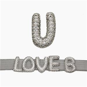 Copper Watchband Beads Pave Zirconia Letter-U Flat Hole Platinum Plated, approx 10-14mm, 2-10mm hole [FN50374]