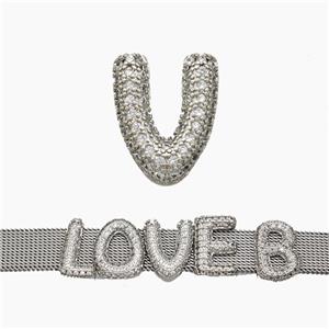 Copper Watchband Beads Pave Zirconia Letter-V Flat Hole Platinum Plated, approx 10-14mm, 2-10mm hole [FN50375]
