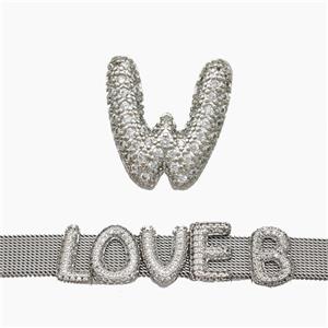 Copper Watchband Beads Pave Zirconia Letter-W Flat Hole Platinum Plated, approx 10-14mm, 2-10mm hole [FN50376]
