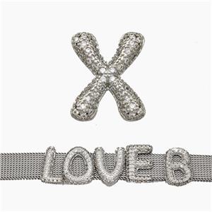 Copper Watchband Beads Pave Zirconia Letter-X Flat Hole Platinum Plated, approx 10-14mm, 2-10mm hole [FN50377]