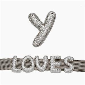 Copper Watchband Beads Pave Zirconia Letter-Y Flat Hole Platinum Plated, approx 10-14mm, 2-10mm hole [FN50378]