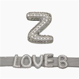 Copper Watchband Beads Pave Zirconia Letter-Z Flat Hole Platinum Plated, approx 10-14mm, 2-10mm hole [FN50379]