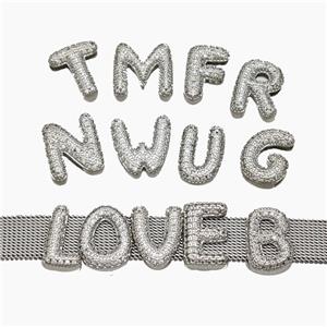 Copper Watchband Alphabet Beads Pave Zirconia Flat Hole Platinum Plated Mix Letters, approx 10-14mm, 2-10mm hole [FN50380]