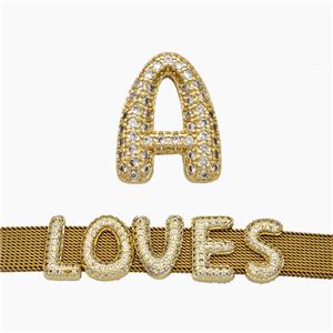 Copper Watchband Beads Pave Zirconia Letter-A Flat Hole Gold Plated, approx 10-14mm, 2-10mm hole [FN50381]