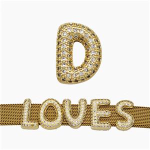 Copper Watchband Beads Pave Zirconia Letter-D Flat Hole Gold Plated, approx 10-14mm, 2-10mm hole [FN50384]