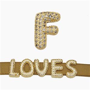 Copper Watchband Beads Pave Zirconia Letter-F Flat Hole Gold Plated, approx 10-14mm, 2-10mm hole [FN50386]