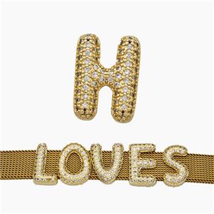Copper Watchband Beads Pave Zirconia Letter-H Flat Hole Gold Plated, approx 10-14mm, 2-10mm hole [FN50388]