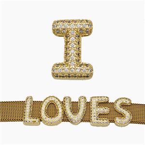 Copper Watchband Beads Pave Zirconia Letter-I Flat Hole Gold Plated, approx 10-14mm, 2-10mm hole [FN50389]