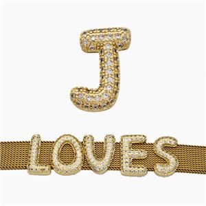 Copper Watchband Beads Pave Zirconia Letter-J Flat Hole Gold Plated, approx 10-14mm, 2-10mm hole [FN50390]