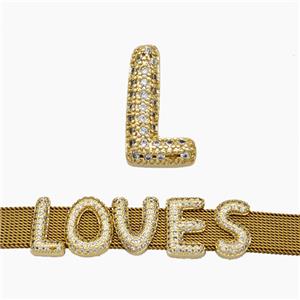 Copper Watchband Beads Pave Zirconia Letter-L Flat Hole Gold Plated, approx 10-14mm, 2-10mm hole [FN50392]