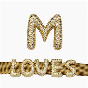 Copper Watchband Beads Pave Zirconia Letter-M Flat Hole Gold Plated, approx 10-14mm, 2-10mm hole [FN50393]
