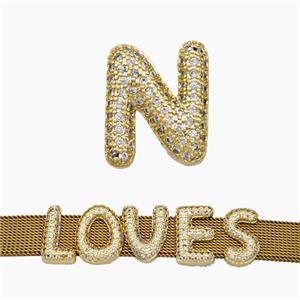 Copper Watchband Beads Pave Zirconia Letter-N Flat Hole Gold Plated, approx 10-14mm, 2-10mm hole [FN50394]