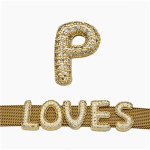 Copper Watchband Beads Pave Zirconia Letter-P Flat Hole Gold Plated, approx 10-14mm, 2-10mm hole [FN50396]