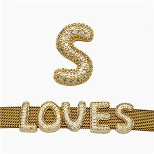 Copper Watchband Beads Pave Zirconia Letter-S Flat Hole Gold Plated, approx 10-14mm, 2-10mm hole [FN50399]
