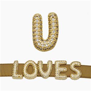 Copper Watchband Beads Pave Zirconia Letter-U Flat Hole Gold Plated, approx 10-14mm, 2-10mm hole [FN50401]