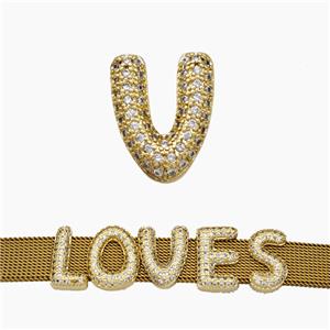 Copper Watchband Beads Pave Zirconia Letter-V Flat Hole Gold Plated, approx 10-14mm, 2-10mm hole [FN50402]