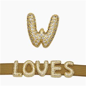 Copper Watchband Beads Pave Zirconia Letter-W Flat Hole Gold Plated, approx 10-14mm, 2-10mm hole [FN50403]