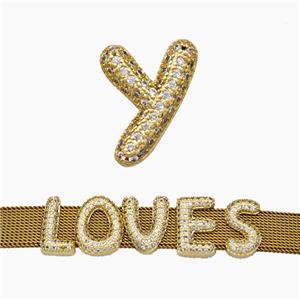 Copper Watchband Beads Pave Zirconia Letter-Y Flat Hole Gold Plated, approx 10-14mm, 2-10mm hole [FN50405]