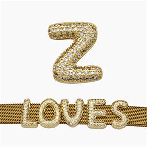 Copper Watchband Beads Pave Zirconia Letter-Z Flat Hole Gold Plated, approx 10-14mm, 2-10mm hole [FN50406]