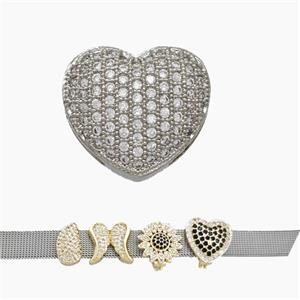Copper Watchband Beads Pave Zirconia Heart Flat Hole Platinum Plated, approx 16mm, 2-10mm hole [FN50414]