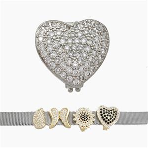 Copper Watchband Beads Pave Zirconia Heart Flat Hole Platinum Plated, approx 17mm, 2-10mm hole [FN50416]