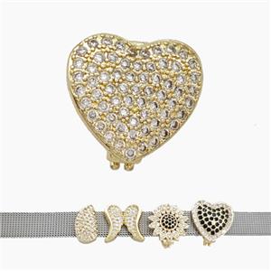 Copper Watchband Beads Pave Zirconia Heart Flat Hole Gold Plated, approx 17mm, 2-10mm hole [FN50417]