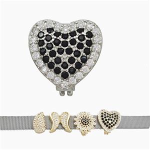 Copper Watchband Beads Pave Zirconia Heart Flat Hole Platinum Plated, approx 16mm, 2-10mm hole [FN50418]