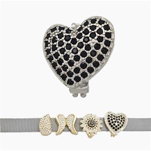 Copper Watchband Beads Pave Zirconia Heart Flat Hole Platinum Plated, approx 15-16mm, 2-10mm hole [FN50420]