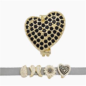 Copper Watchband Beads Pave Zirconia Heart Flat Hole Gold Plated, approx 15-16mm, 2-10mm hole [FN50421]