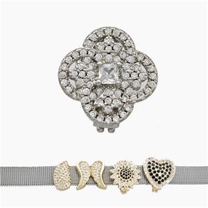 Copper Watchband Beads Pave Zirconia Clover Flat Hole Platinum Plated, approx 16mm, 2-10mm hole [FN50422]