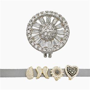 Copper Watchband Beads Pave Zirconia Flower Flat Hole Platinum Plated, approx 16mm, 2-10mm hole [FN50424]