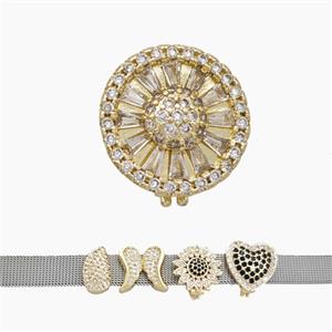 Copper Watchband Beads Pave Zirconia Flower Flat Hole Gold Plated, approx 16mm, 2-10mm hole [FN50425]
