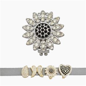 Copper Watchband Beads Pave Zirconia Sunflower Flat Hole Platinum Plated, approx 16mm, 2-10mm hole [FN50428]