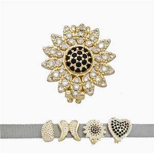 Copper Watchband Beads Pave Zirconia Sunflower Flat Hole Gold Plated, approx 16mm, 2-10mm hole [FN50429]