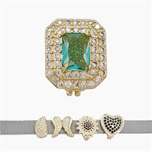 Copper Watchband Beads Pave Zirconia Rectangle Flat Hole Gold Plated, approx 13-16mm, 2-10mm hole [FN50431]