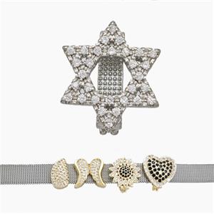 Copper Watchband Beads Pave Zirconia David Star Flat Hole Platinum Plated, approx 17mm, 2-10mm hole [FN50432]