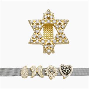 Copper Watchband Beads Pave Zirconia David Star Flat Hole Gold Plated, approx 17mm, 2-10mm hole [FN50433]