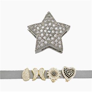 Copper Watchband Beads Pave Zirconia Star Flat Hole Platinum Plated, approx 16mm, 2-10mm hole [FN50434]