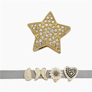 Copper Watchband Beads Pave Zirconia Star Flat Hole Gold Plated, approx 16mm, 2-10mm hole [FN50435]